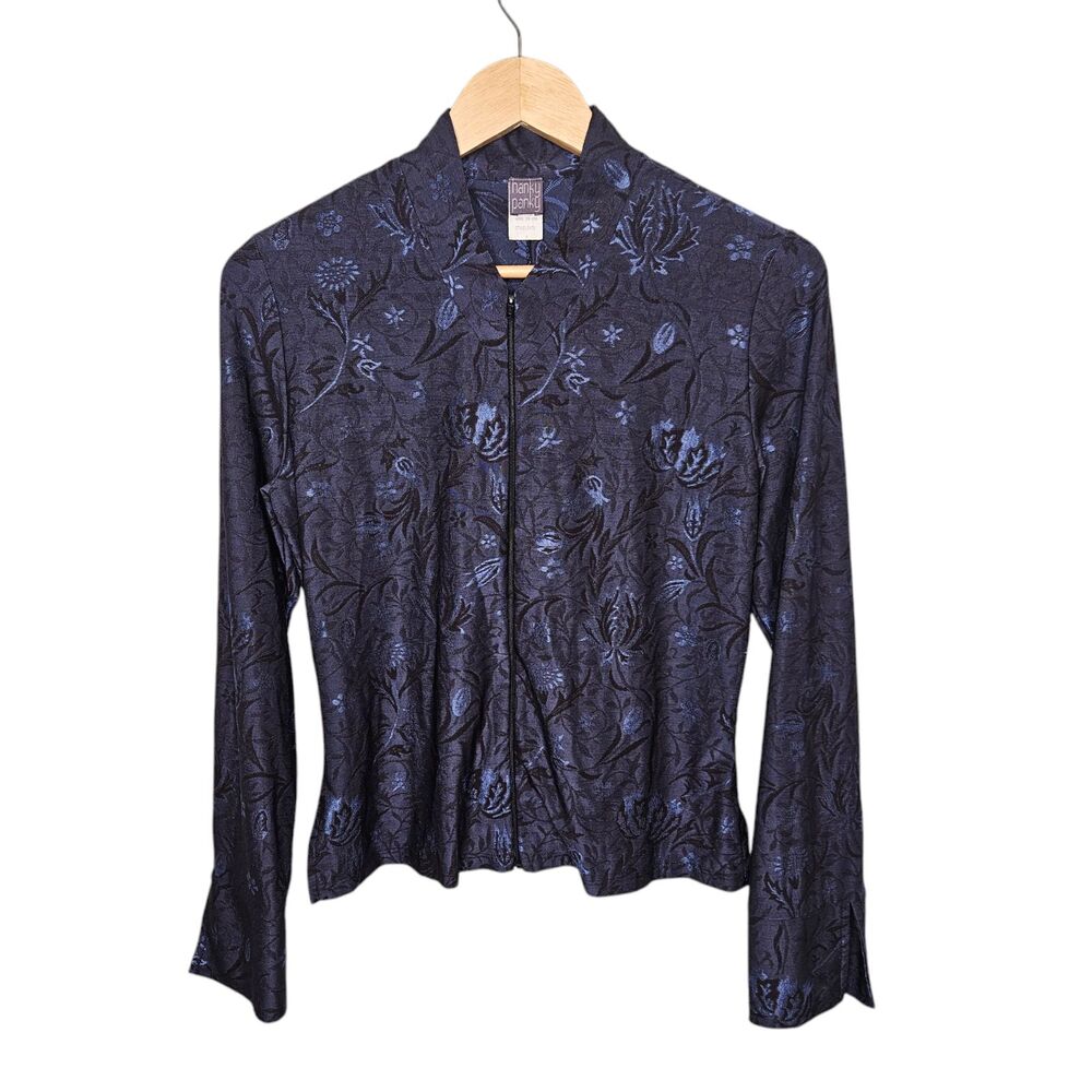 Vtg Hanky Panky Top Full Zip Women M Blue Shiny Floral 90s Grunge Femme Stretchy